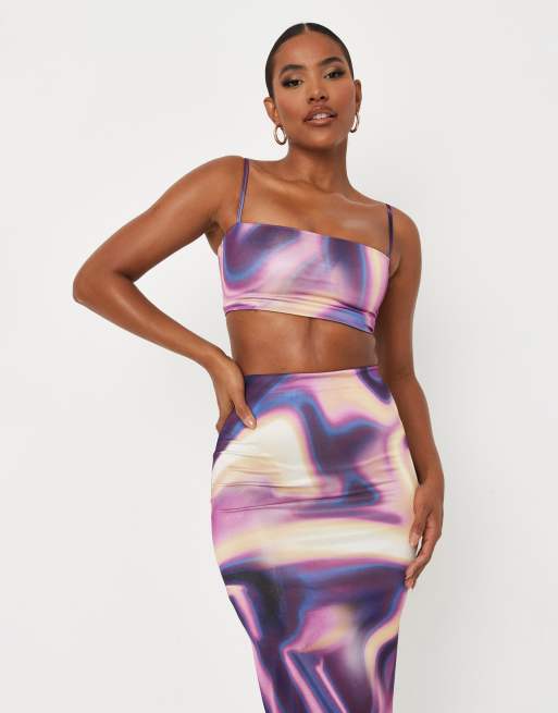 Missguided x Carli Bybel slinky crop top with cowl neck in purple marble print (part of a set)