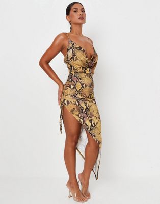 Missguided x Carli Bybel slinky midi dress with cowl neck in yellow snake print