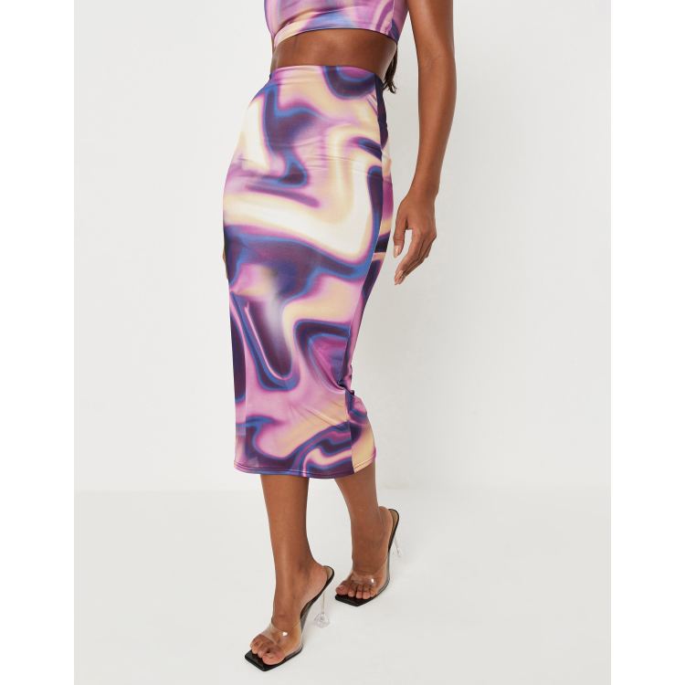 Missguided x Carli Bybel slinky midi skirt in purple marble print (part of  a set)