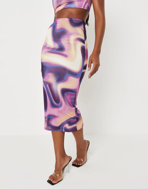 Missguided x Carli Bybel slinky midi skirt in purple marble print (part of a set)
