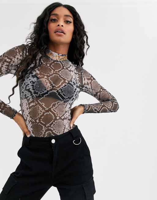 Missguided X Jordan Lipscombe - Hoogsluitende mesh body met slangenprint in grijs