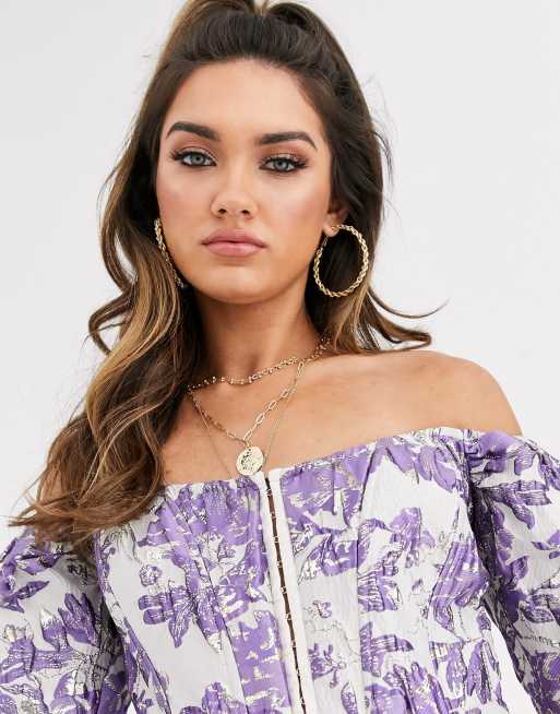 Missguided – Żakardowa sukienka mini z dekoltem bardot i haftem, 3 z 4