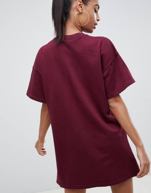 Missguided zip down oversized t shirt dress in burgundy