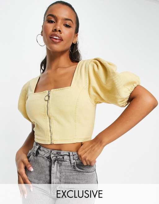 Missguided zip front denim top in yellow - part of a set