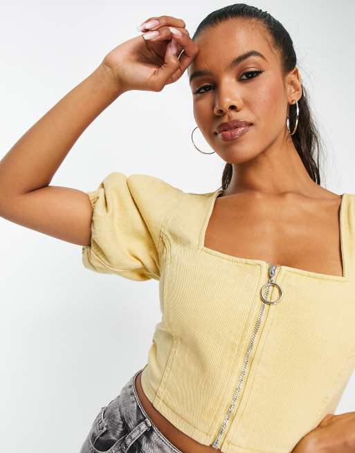 Missguided zip front denim top in yellow - part of a set