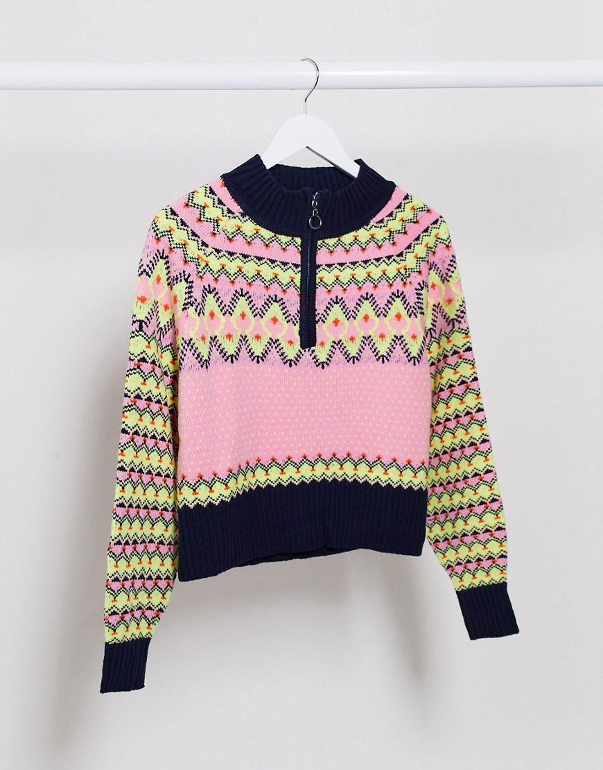 Missguided zip front fairisle sweater in multi