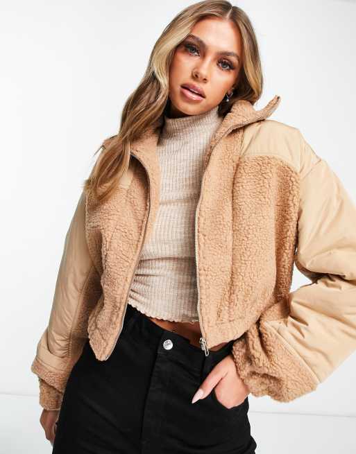 Missguided zip through nylon sherpa mix bomber jacket in camel ASOS