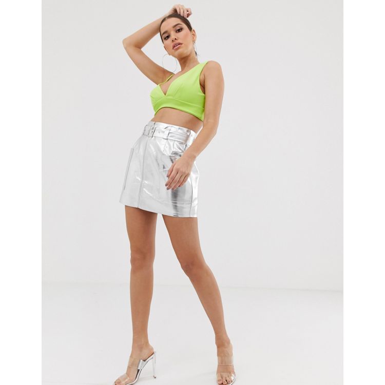 Missguided zip up mini skirt with self belt in silver