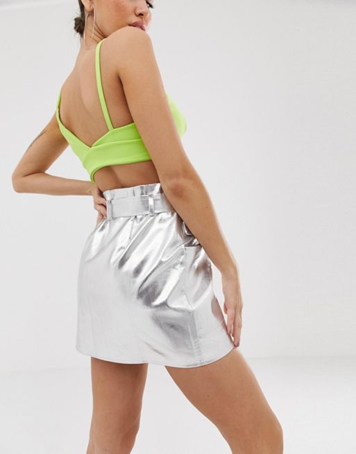 Missguided zip up mini skirt with self belt in silver
