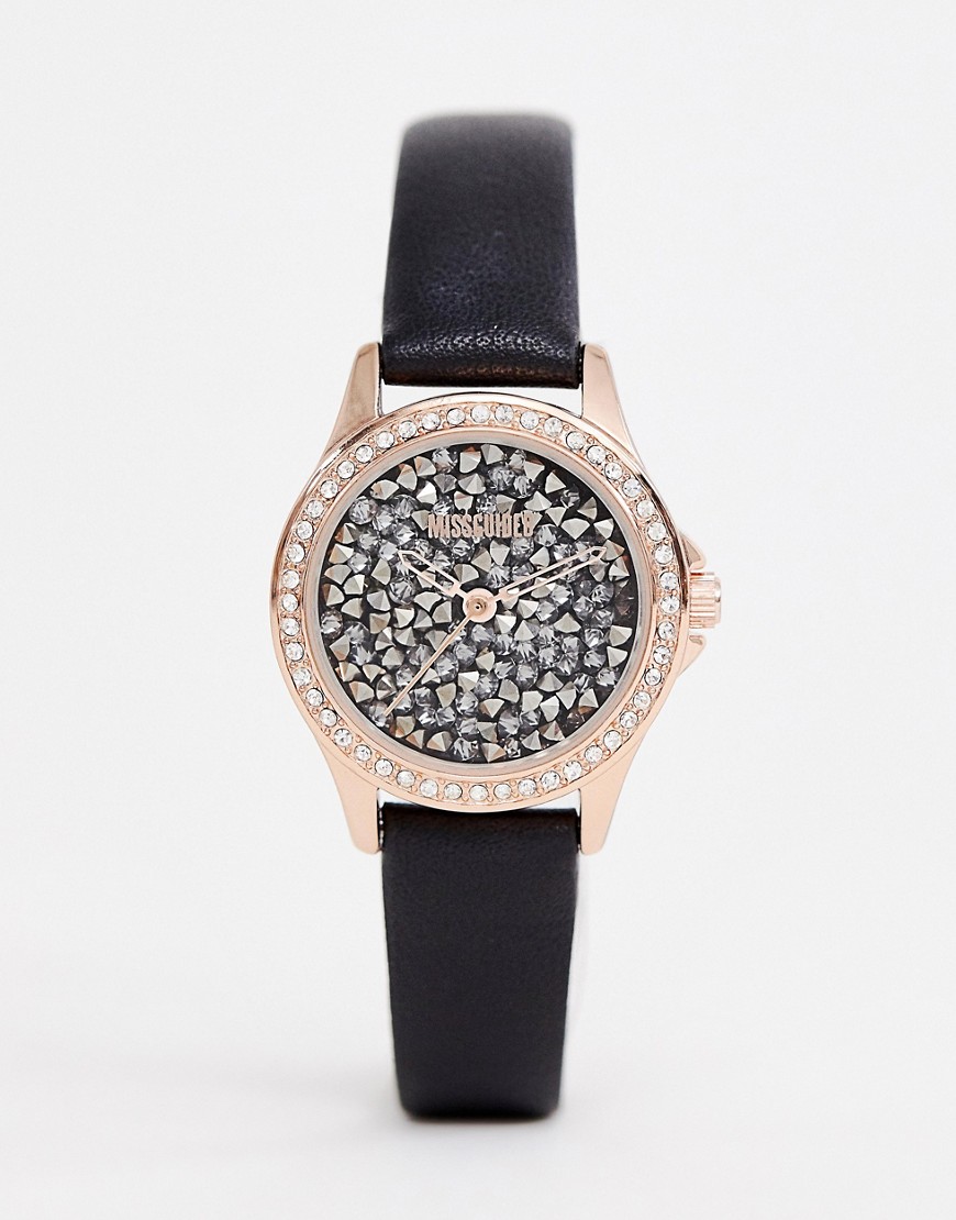 Missguided - Zwart horloge met roségouden wijzerplaat met kristallen