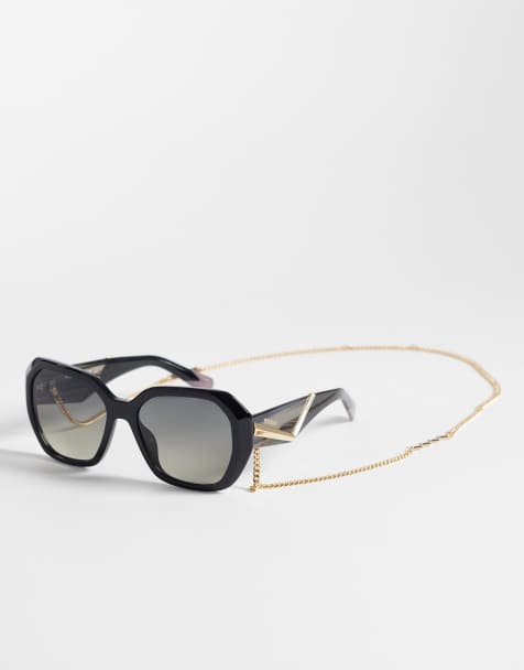 Missoni - Oversized zonnebril met gouden ketting en grijsbruin getinte glazen in zwart - view 1