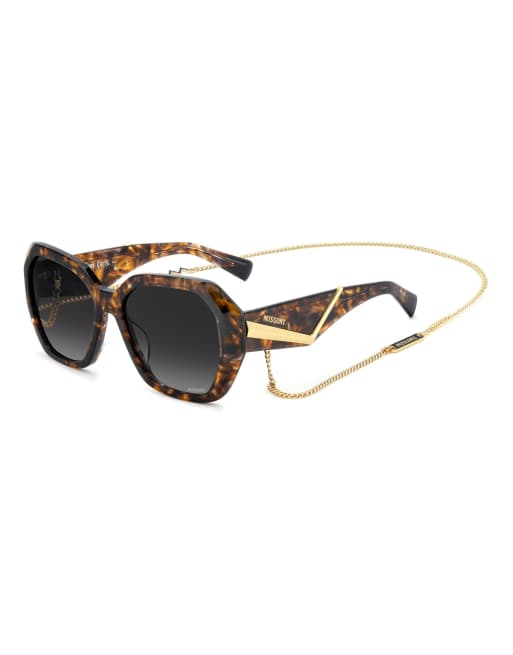 Missoni Sunglasses - Gafas de sol marrones extragrandes con lentes gris oscuro sombreadas y cadena dorada, 3 de 6