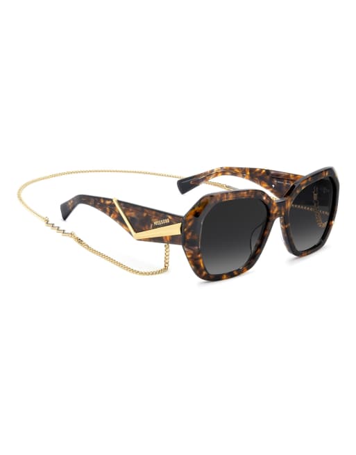 Missoni Sunglasses - Gafas de sol marrones extragrandes con lentes gris oscuro sombreadas y cadena dorada, 4 de 6