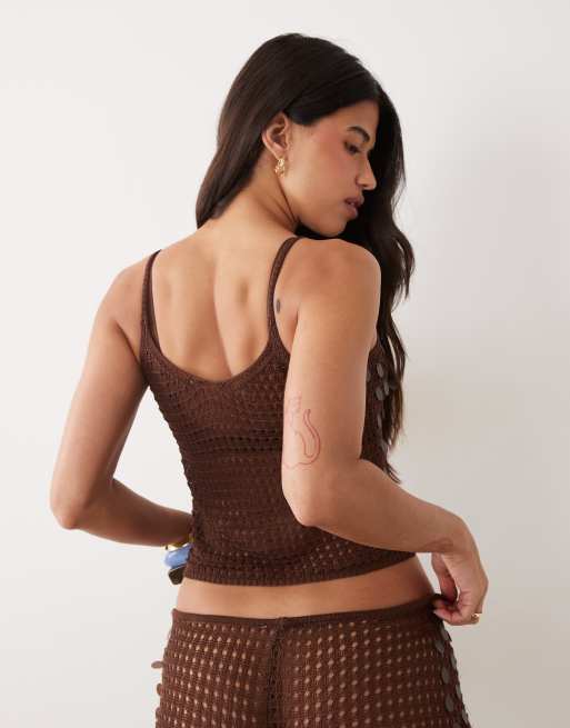 Missy E Empire open knit disc sequin cami top in chocolate - part