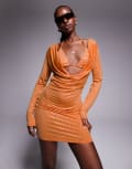 [Missyempire] Missy Empire 2 in 1 bralet & cowl neck mini dress in orange mesh sequin 46 ORANGE