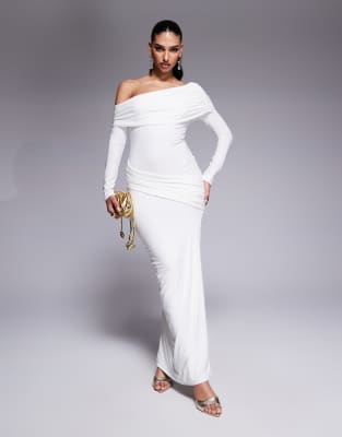 Missy Empire asymmetric fold over shoulder drape detail bodycon maxi dress in white