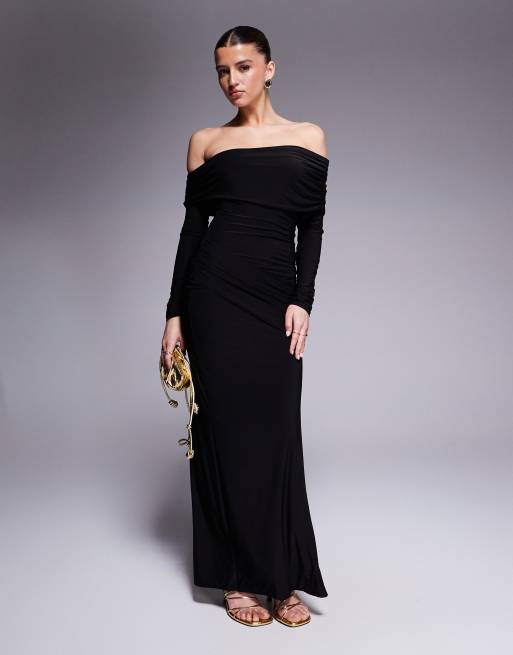 Missy Empire - Asymmetrische vormgevende maxi bodycon jurk van dubbele gladde stof met blote schouder met omslag en gedrapeerd detail in zwart