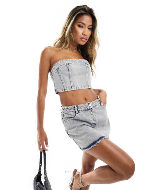 Missy Empire bandeau denim top in bleach wash (part of a set) - view 1