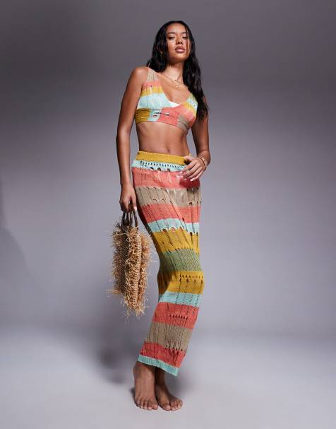 Missy Empire beach distressed knit bralette and maxi skirt set in multi stripe - view 1