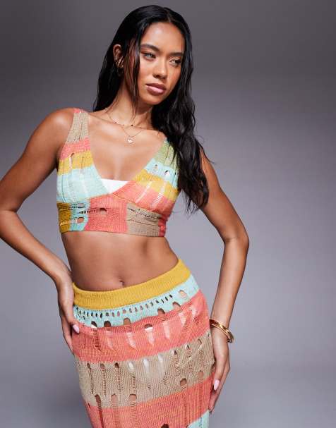 Missy Empire beach distressed knit tie back bralet in multi stripe (part of a set) - view 1