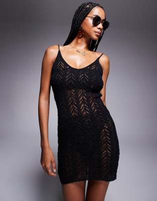 Missy Empire beach open crochet mini dress in black