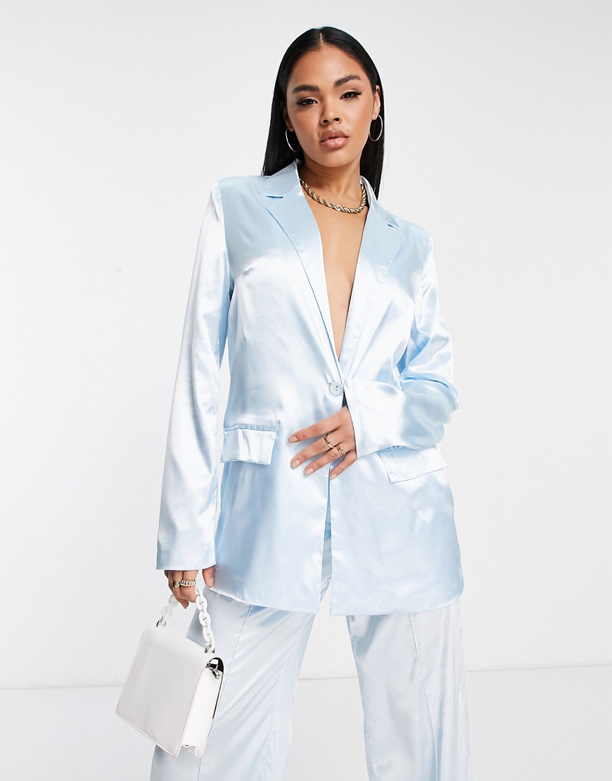 missy empire - blazer oversize in raso blu in coordinato