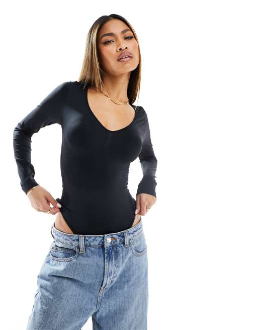 Missy Empire - Body nero a maniche lunghe senza cuciture con scollo a V