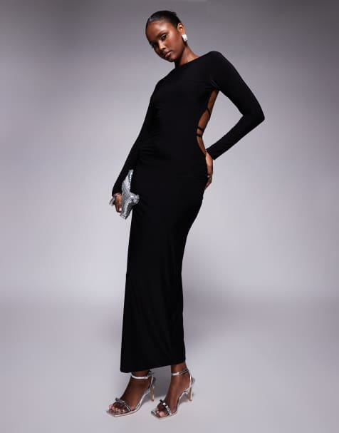 Missy Empire - Bodycon maxi jurk van gladde stof met dubbele laag en open achterkant in zwart - view 1