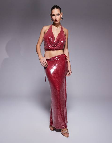 Missyempire low rise maxi skirt co-ord in burgundy glazed sequin