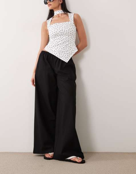 Missy Empire - Broek van linnenmix met wijde pijpen en gestrikte taille in zwart - view 1