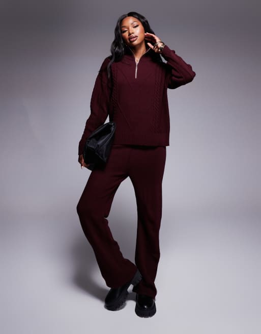 Missy Empire cable knit half zip jumper & wide leg pants set in burgundy
