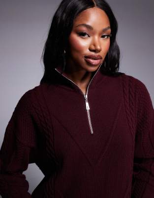 Missy Empire cable knit half zip sweater in burgundy - part of a set-Red