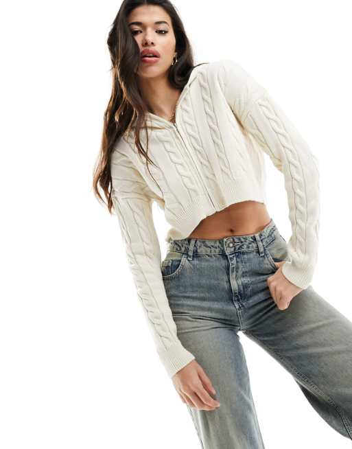 Missy Empire cable knit zip through hooded top in cream