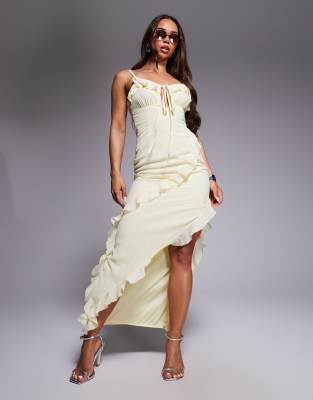 Missy Empire cami frill trim asymmetric hem side split maxi dress in yellow