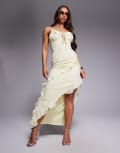 [Missyempire] Missy Empire cami frill trim asymmetric hem side split maxi dress in yellow 36 YELLOW