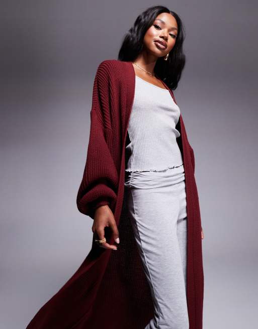 Missy Empire - Cardigan lungo in maglia bordeaux, 3 di 4