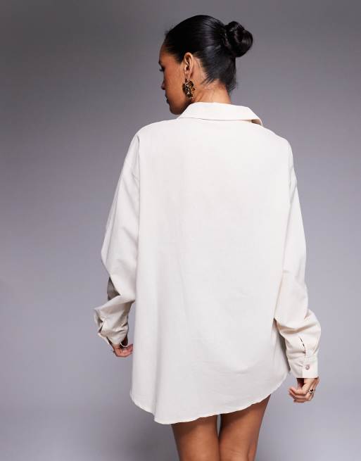 Missy Empire - Chemise aspect lin avec poche à l'avant - Crème, 3 de 4