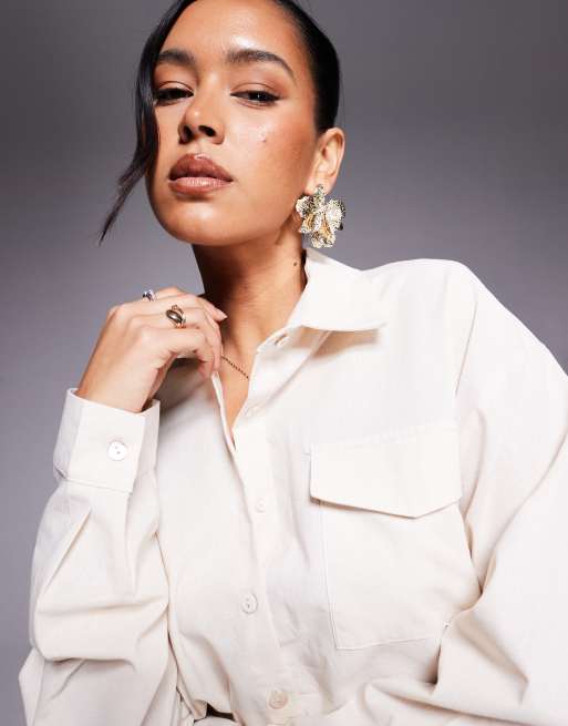 Missy Empire - Chemise aspect lin avec poche à l'avant - Crème, 4 de 4