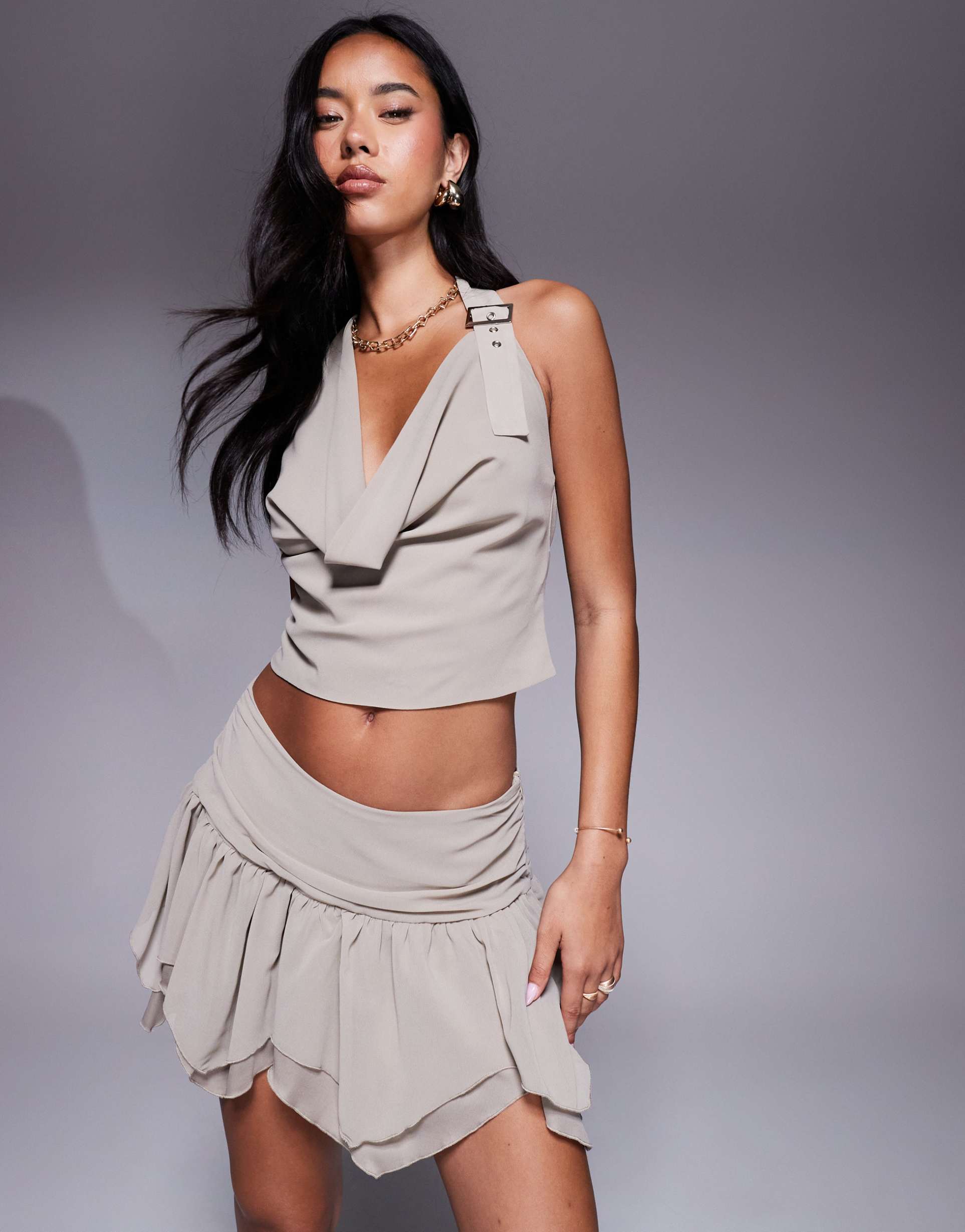 missy empire chiffon cowl neck buckle detail top in stone - part of a set