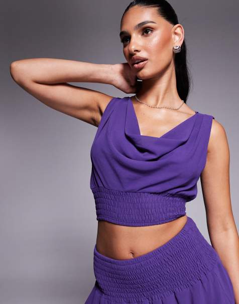 Missy Empire chiffon cowl neck shirred top in purple (part of a set) - view 1