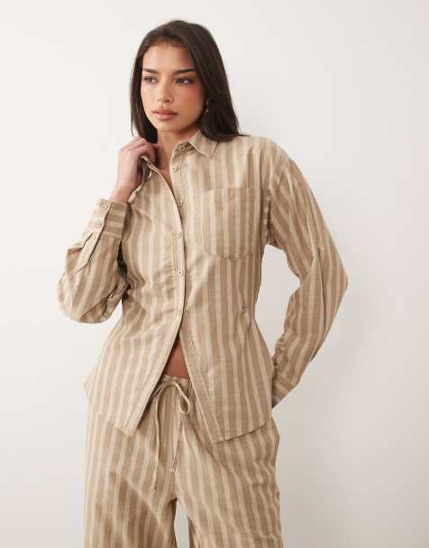 Missy Empire cinch back detail fitted shirt in tan pinstripe - part of a set - view 1