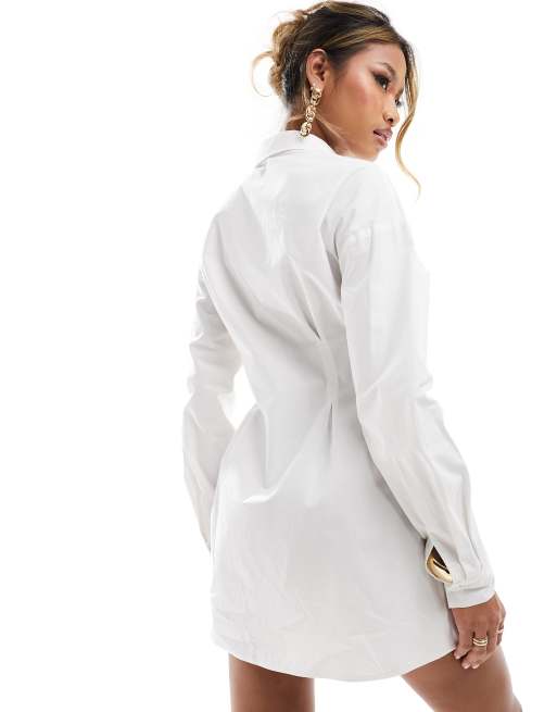 Missy Empire cinched waist mini shirt dress in white ASOS
