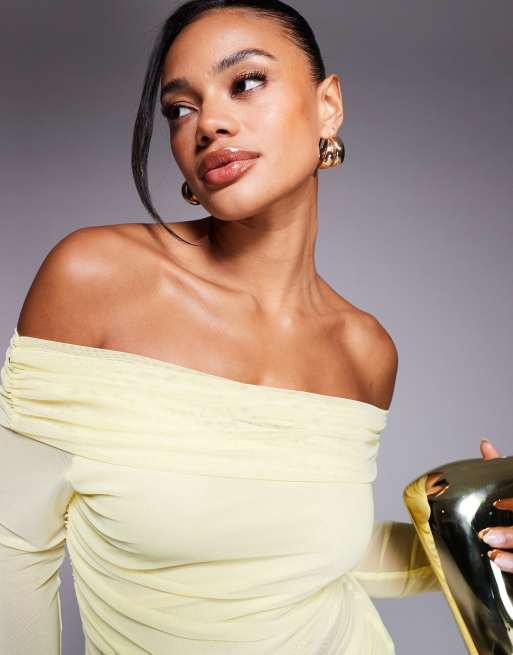 Missy Empire - Citrongul bardot-minikjole med mesh-indsatser, 4 af 4