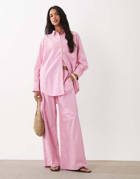 Missy Empire - Conjunto rosa a rayas de pantalones y camisa extragrande de popelina - view 1