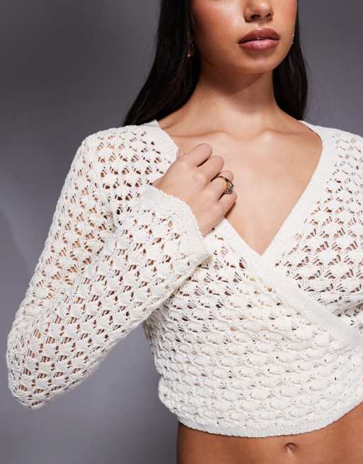 Missy Empire crochet wrap cardigan in beige, 3 of 4