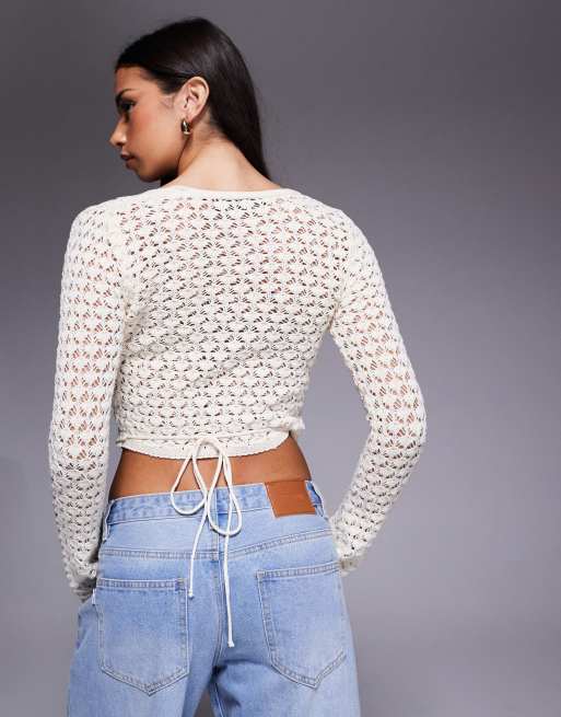 Missy Empire crochet wrap cardigan in beige, 4 of 4
