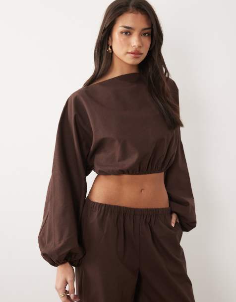 Missy Empire - Crop top d'ensemble en lin mélangé à manches ballon volumineuses - Chocolat - view 1