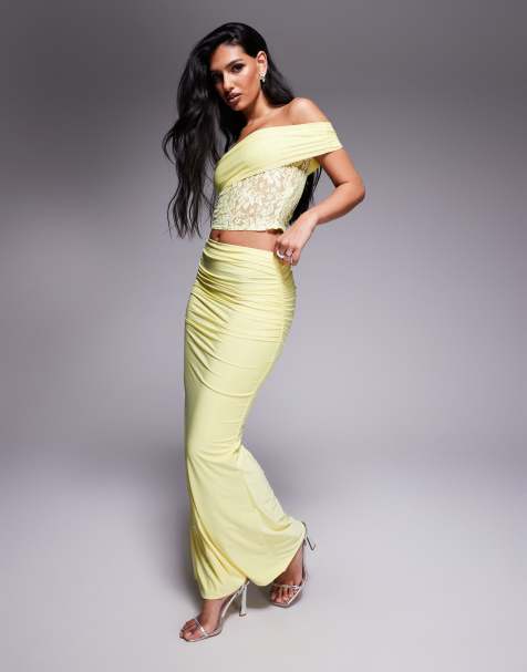 Missyempire double sculpted slinky ruched side detail fishtail maxi skirt co-ord in lemon