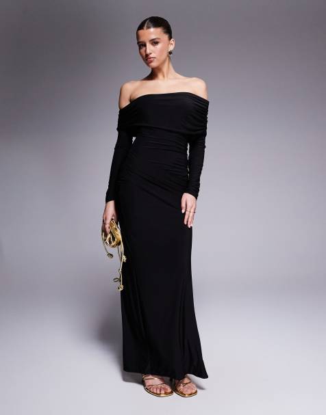 Missyempire double sculpted slinky asymmetric fold over shoulder drape detail bodycon maxi dress in black