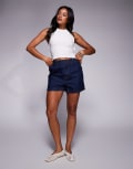 [Missyempire] Missy Empire denim elasticated paperbag high waist shorts in dark blue 42 Dark blue